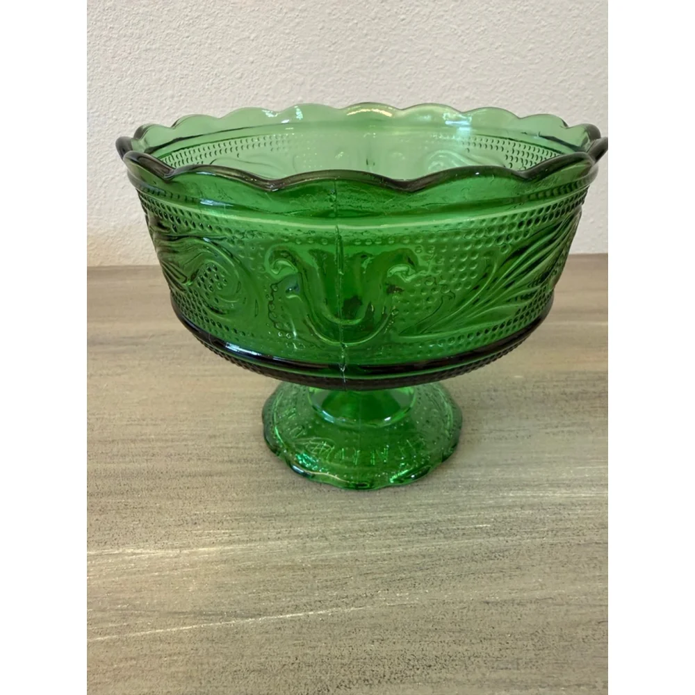 Vintage E.O. Brody Co. Emerald Green Pedestal Glass Bowl Candy Dish MCM